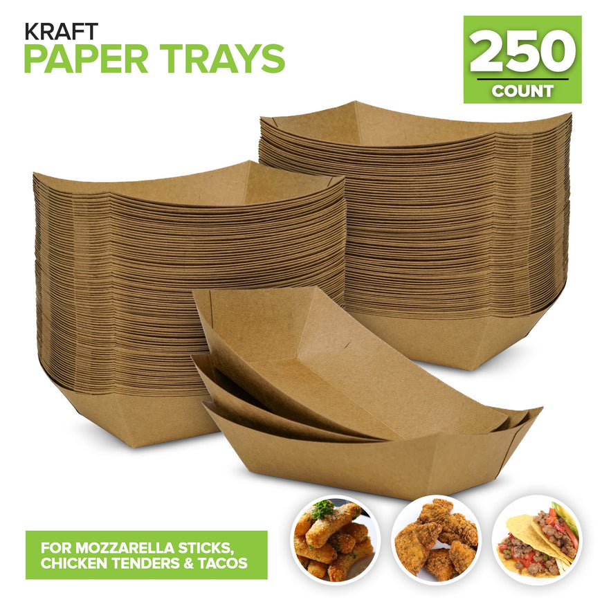 [250 Pack] Medium Disposable Brown Kraft Paper Food Trays, 1-Lb Concession Tray, Serving Boats for Party Snacks, Taco Bar, Seafood, Nachos Plates