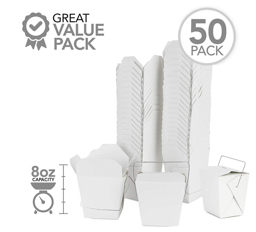 Stock Your Home 8oz Chinese Takeout Containers- 50 Count- White with Handle