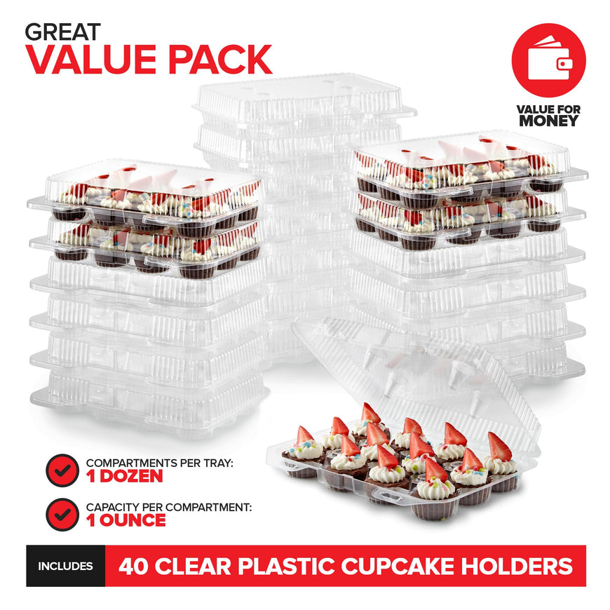 Stock Your Home Mini Disposable Plastic Cupcake Containers (40 Pack) 12 - Count Tray Compartment, Small or Mini Cupcakes Box/Holder/Carrier with Clear Connected Dome Lid, BPA Free