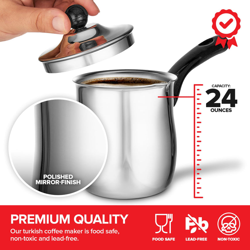 Stock Your Home 24oz Turkish Coffee Pot Set with Lid, Small Saucepan Coffee Maker, Mini Sauce Pan Butter Melter, Stainless Steel Milk Warmer Pots for Stove Top