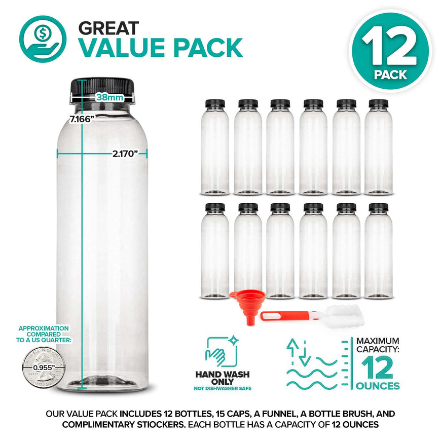 Stock Your Home 12 Oz Round Plastic Bottles with Caps (12 Pack), Clear Juice Bottles with Caps, Refillable Juice Bottles with Tamper Proof Caps, Reusable Bottles for Juice, Disposable Juice Bottles