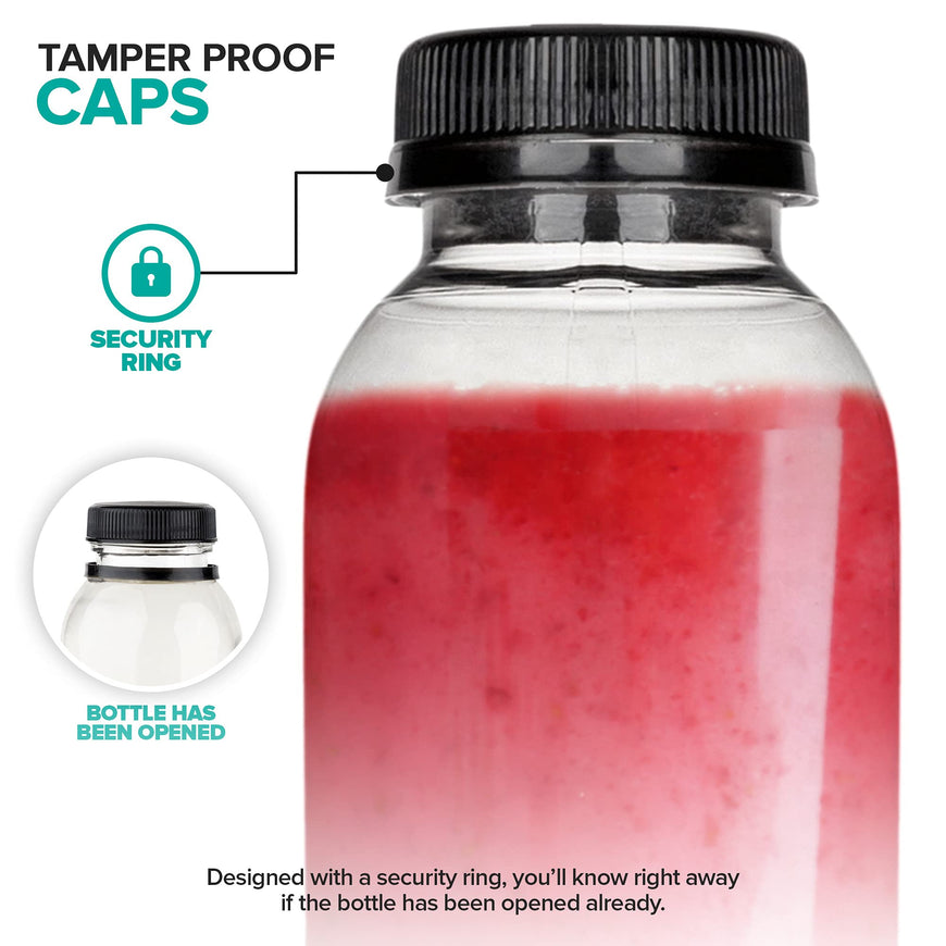 Stock Your Home 12 Oz Round Plastic Bottles with Caps (12 Pack), Clear Juice Bottles with Caps, Refillable Juice Bottles with Tamper Proof Caps, Reusable Bottles for Juice, Disposable Juice Bottles