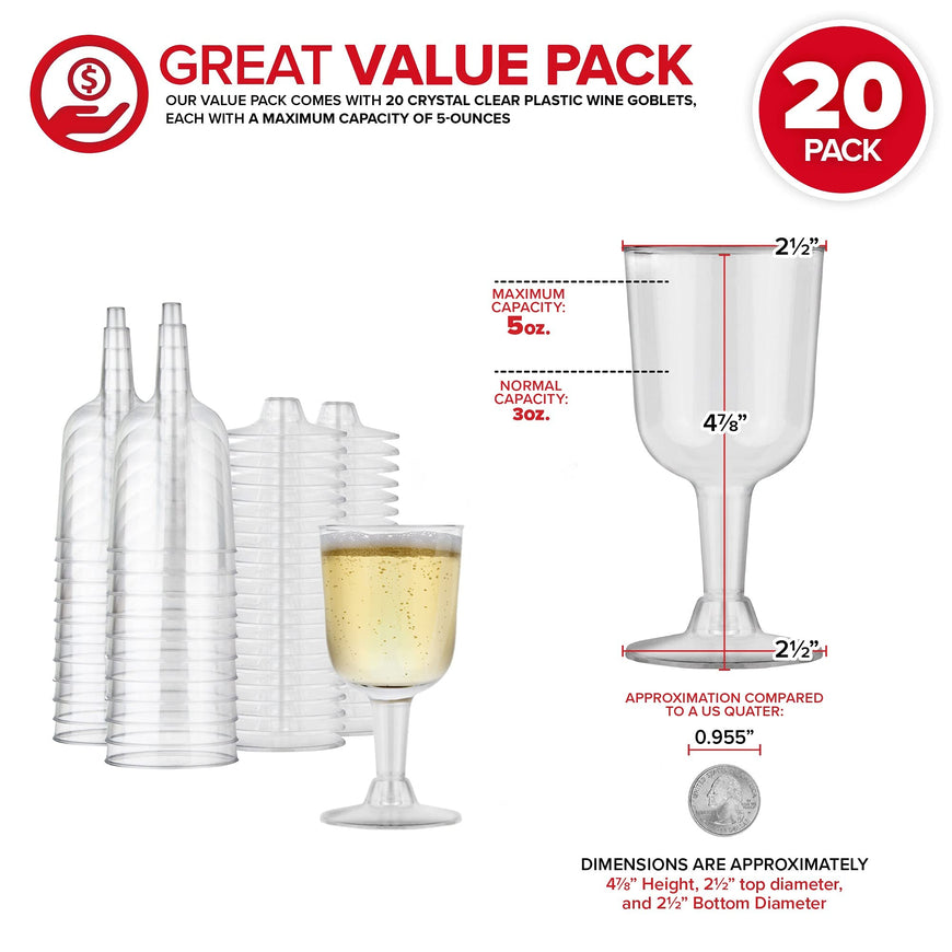 Stock Your Home 5 oz Clear Plastic Wine Glass (20 Pack) - BPA Free & Recyclable - Shatterproof Wine Goblet - Disposable & Reusable Cups for Champagne, Dessert, Food Samples, Catering, Weddings