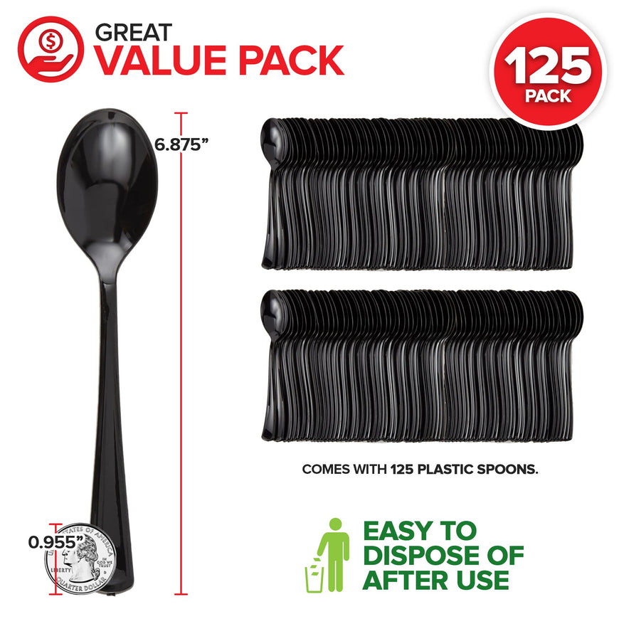 (125-Count) Plastic Spoons, Disposable Silverware for Dinner, Heavy Duty Utensils, Heavyweight Party Flatware, Bulk Cutlery in Black - Stock Your Home