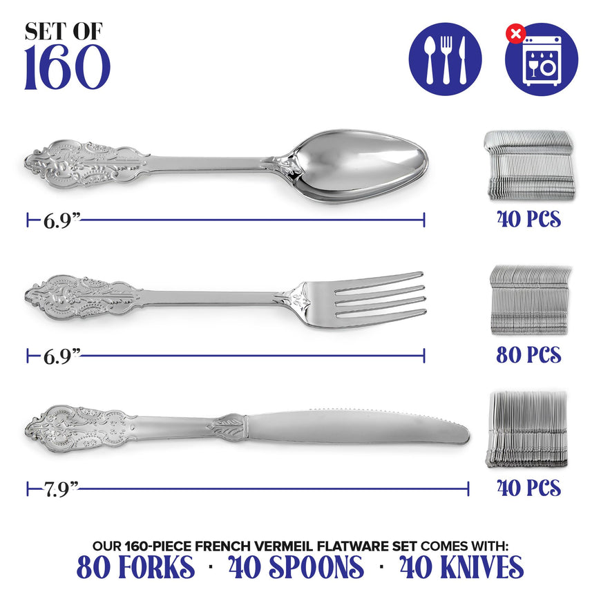 Stock Your Home Silver Plastic Silverware Dinnerware Flatware 160 set (French Vermeil Cutlery)