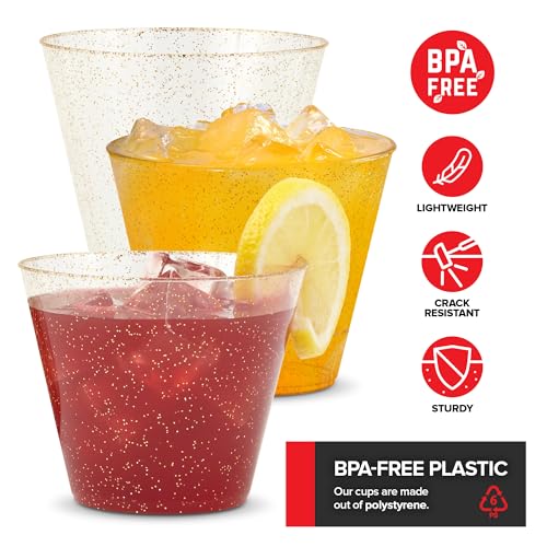 Elegant 9oz Gold & Clear Glitter Plastic Cups (50 Pack) - Fancy Disposable Wedding & Party Cups for Birthdays, Weddings, Holidays