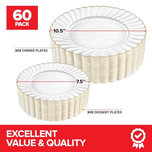 Scalloped Ivory and Gold Plates (60 Pack)
