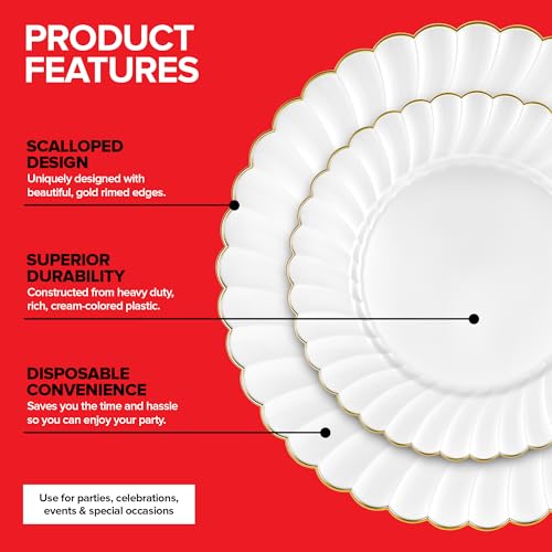 Scalloped Ivory and Gold Plates (60 Pack)