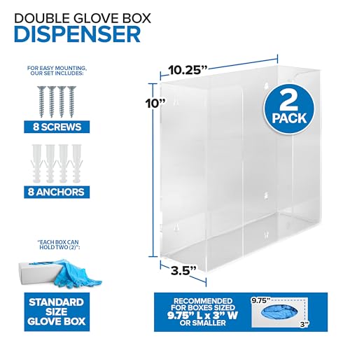 Stock Your Home Double Acrylic Gloves Dispenser (2 Pack) Tissue Box Shelf, Glove Holder Wall Mount, for Kitchen, Cleaning Closet, Lab, Exam, Office