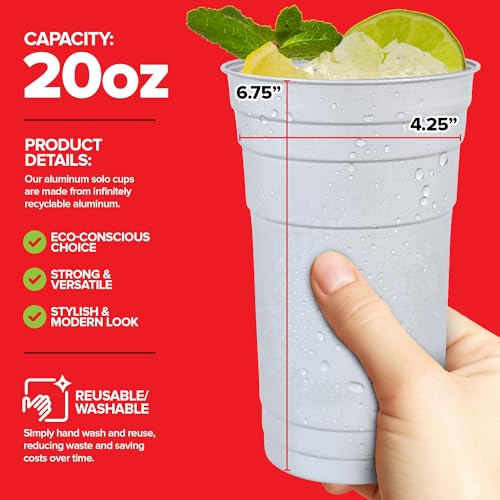 Stock Your Home 20oz Infinitely Recyclable Aluminum Cups (30 Pack) Premium Disposable & Reusable Metal Cups, Durable Aluminum Drinkware for Events, Parties, and 4th of July Celebrations