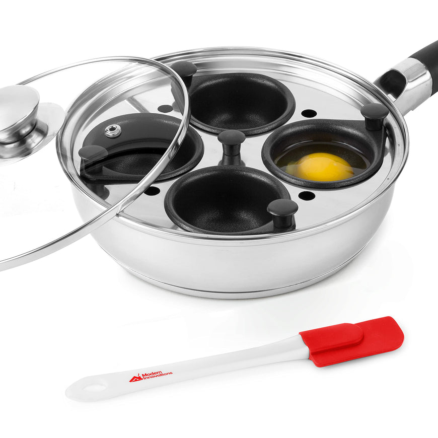 Modern Innovations Stainless Steel Egg Poacher Pan Set with 4 Nonstick Egg Poacher Insert Cups, Silicone Handle, Glass Lid and Removable Tray for Multi-use Frying Pan. BPA Freeâ€“ Bonus Mini Spatula