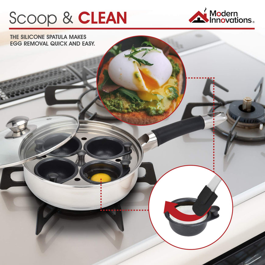 Modern Innovations Stainless Steel Egg Poacher Pan Set with 4 Nonstick Egg Poacher Insert Cups, Silicone Handle, Glass Lid and Removable Tray for Multi-use Frying Pan. BPA Freeâ€“ Bonus Mini Spatula