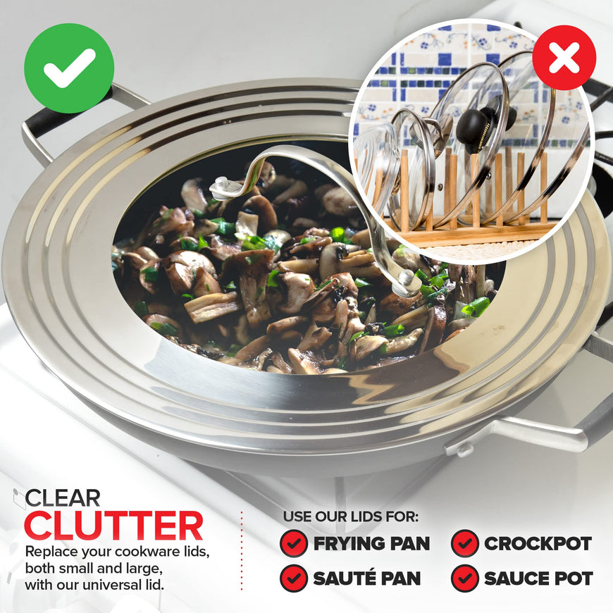 Universal Lid for Pots, Pans and Skillets, Stainless Steel and Tempered Glass, Fits All 7 Inch to 12 Inch Pots and Pans, Replacement Cookware Frying Pan Cover and Cast Iron Skillet Lid