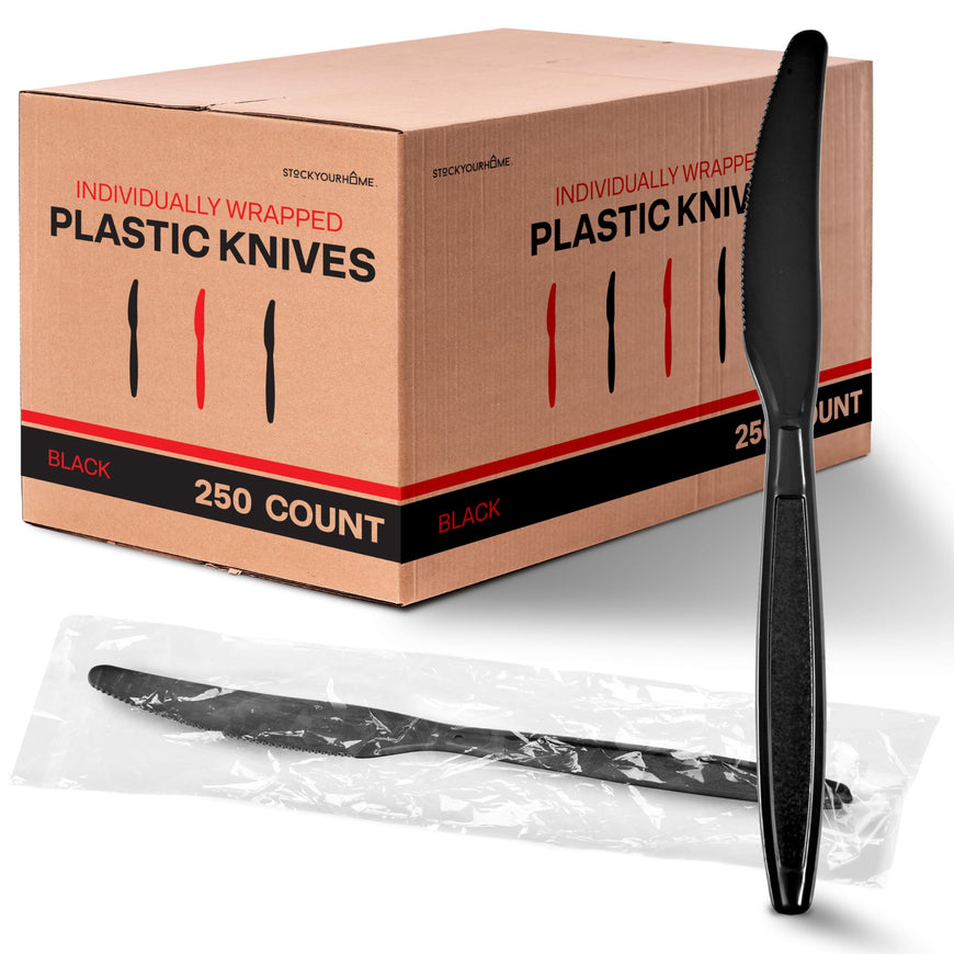 Stock Your Home Individually Wrapped Knives, 250 Count Heavyweight Plastic Knives, Plasticware Disposable Knife Bulk Pack, Individual Wrapped Knives, Heavy Duty Plastic Utensils for Party Supplies