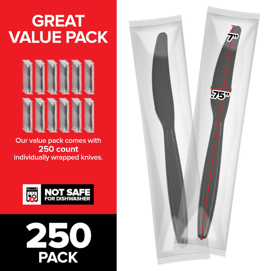 Stock Your Home Individually Wrapped Knives, 250 Count Heavyweight Plastic Knives, Plasticware Disposable Knife Bulk Pack, Individual Wrapped Knives, Heavy Duty Plastic Utensils for Party Supplies