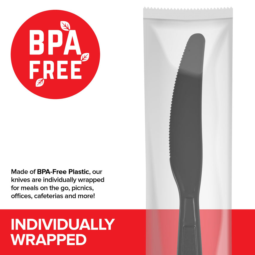 Stock Your Home Individually Wrapped Knives, 250 Count Heavyweight Plastic Knives, Plasticware Disposable Knife Bulk Pack, Individual Wrapped Knives, Heavy Duty Plastic Utensils for Party Supplies