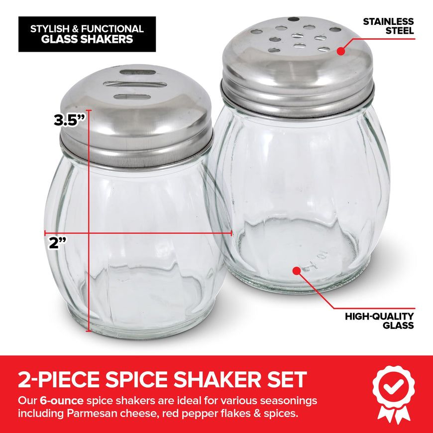 6-Ounces Glass Spices Shaker With Perforated Stainless Steel Top And Parmesan Cheese Shaker With Slotted Stainless Steel Top/Set of 2/Bulk Swirl Retro Style Dispensers With Lids/Salt & Pepper Shakers