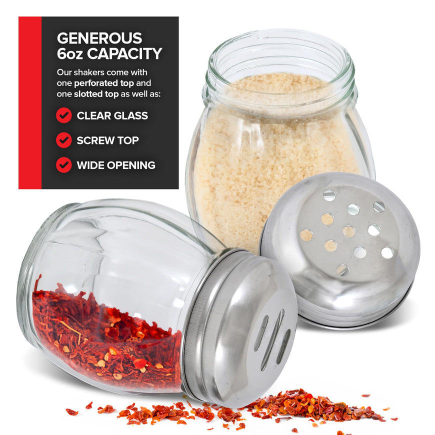 6-Ounces Glass Spices Shaker With Perforated Stainless Steel Top And Parmesan Cheese Shaker With Slotted Stainless Steel Top/Set of 2/Bulk Swirl Retro Style Dispensers With Lids/Salt & Pepper Shakers