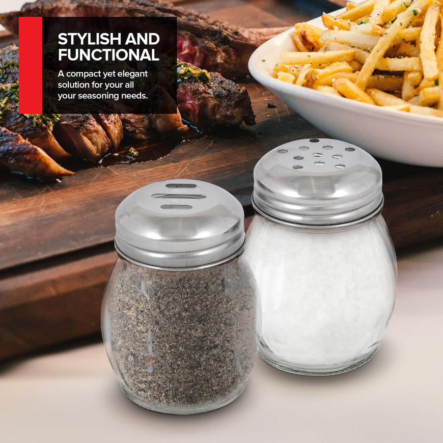 6-Ounces Glass Spices Shaker With Perforated Stainless Steel Top And Parmesan Cheese Shaker With Slotted Stainless Steel Top/Set of 2/Bulk Swirl Retro Style Dispensers With Lids/Salt & Pepper Shakers