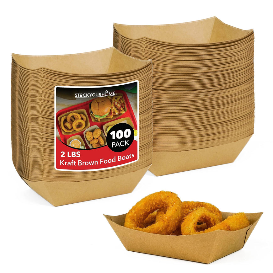 100 Pack 2-Lb Brown Kraft Paper Food Trays, Heavy-Duty Paper Food Boat, Disposable Serving Trays for Party Snacks, Hot Dog, Picnic, Taco Bar, Seafood, Nachos Plates, BBQ, carnival, birthday party