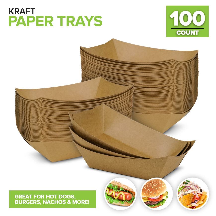 100 Pack 2-Lb Brown Kraft Paper Food Trays, Heavy-Duty Paper Food Boat, Disposable Serving Trays for Party Snacks, Hot Dog, Picnic, Taco Bar, Seafood, Nachos Plates, BBQ, carnival, birthday party