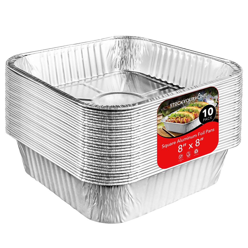 8â€ Square Aluminum Foil Pans (10 Pack) - Square Foil Cake Pans - Aluminum Foil Baking Pans - Disposable Cake Pans - Recyclable Foil Pans - 8 Inch Square Pans - Disposable Baking Pan - Stock Your Home