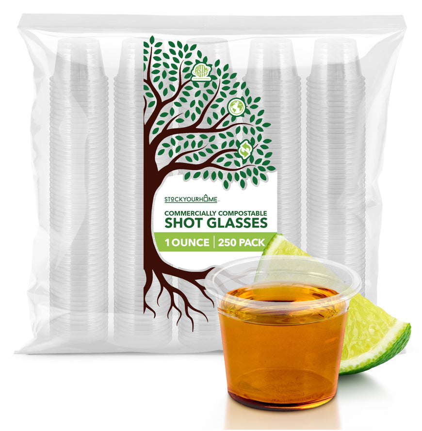 Stock Your Home (250 Pcs) Clear Commercially Compostable Shot Glasses 1 oz, Plant Based Eco Disposable Shot Cups for Jello, Sauce, Condiments, Environmentally Friendly Sustainable