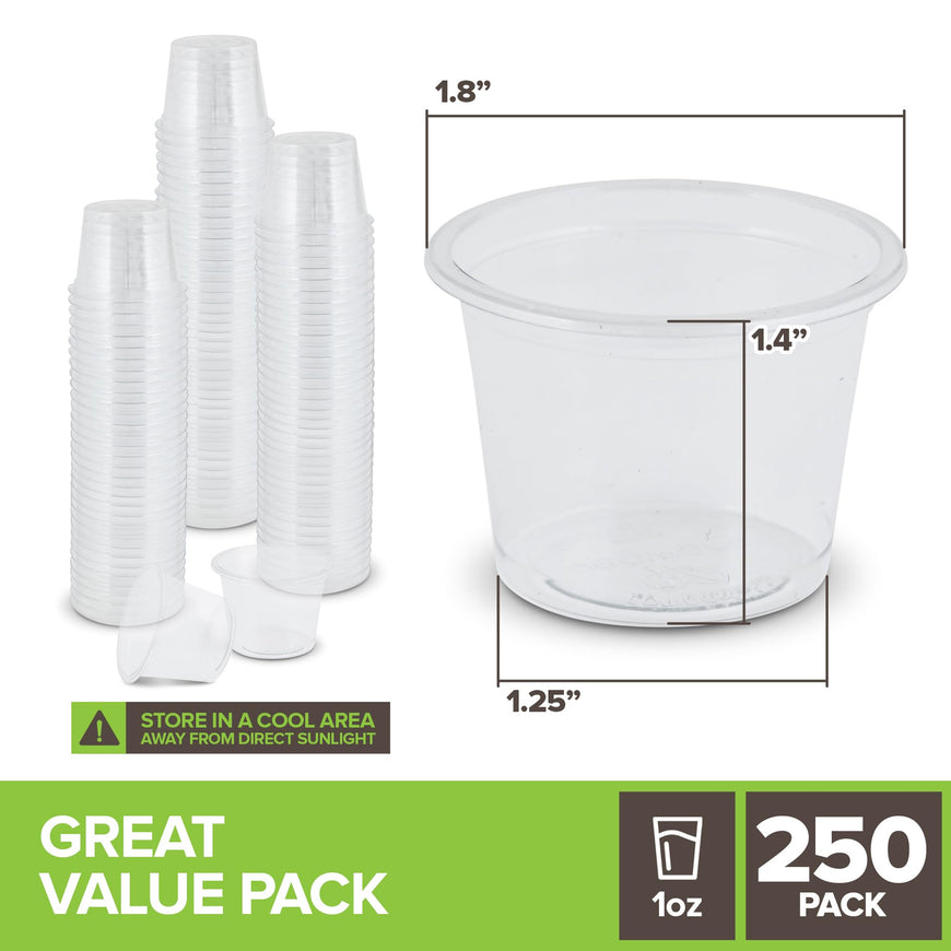Stock Your Home (250 Pcs) Clear Commercially Compostable Shot Glasses 1 oz, Plant Based Eco Disposable Shot Cups for Jello, Sauce, Condiments, Environmentally Friendly Sustainable
