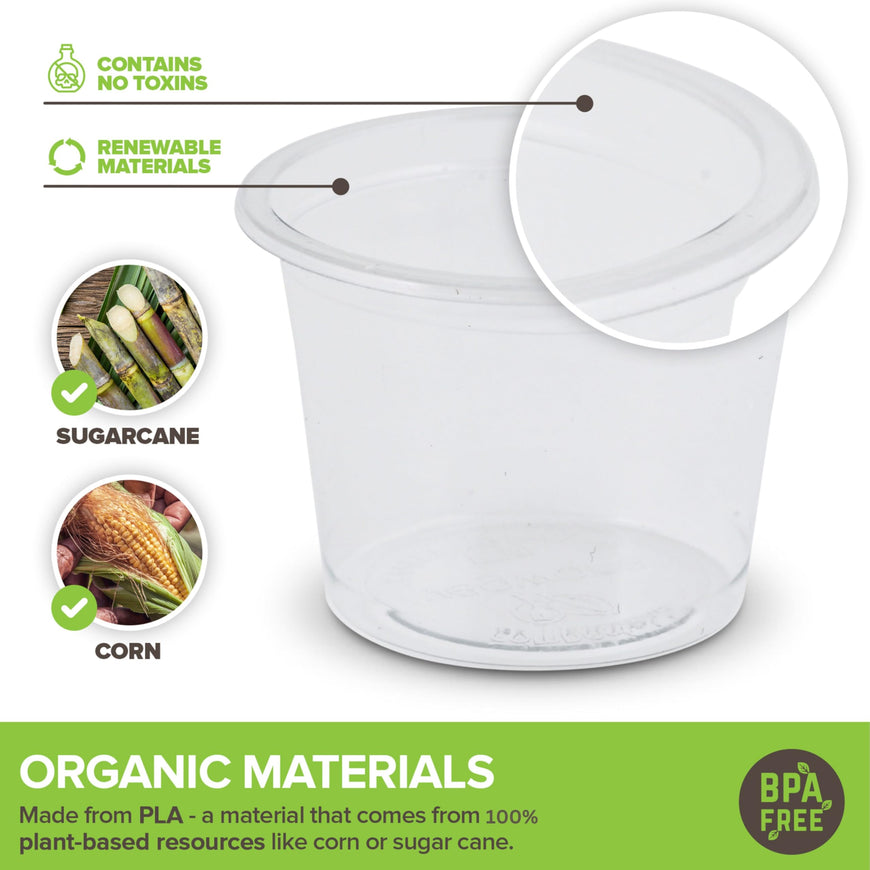 Stock Your Home (250 Pcs) Clear Commercially Compostable Shot Glasses 1 oz, Plant Based Eco Disposable Shot Cups for Jello, Sauce, Condiments, Environmentally Friendly Sustainable