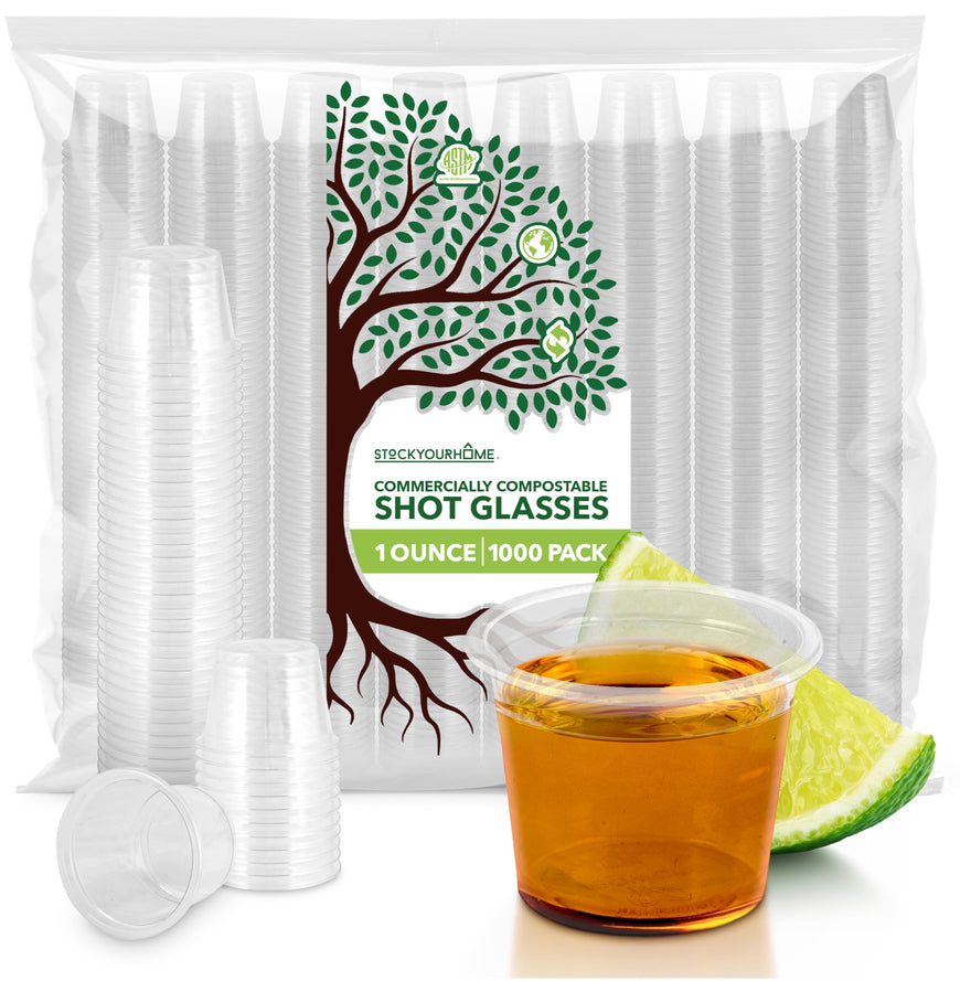 Stock Your Home (1000 Pcs) Clear Commercially Compostable Shot Glasses 1 oz, Plant Based Eco Disposable Shot Cups for Jello, Sauce, Condiments, Environmentally Friendly Sustainable