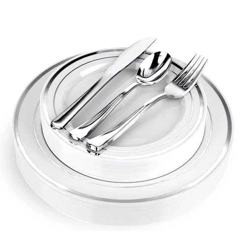 Stock Your Home Elegant 125 Piece Silver Rim Plastic Place Setting Set with Silverware - Solid, Disposable & Heavy-duty Includes: 25 Dinner Plates, 25 Dessert Plates, 25 Forks, 25 Knives, 25 Spoons