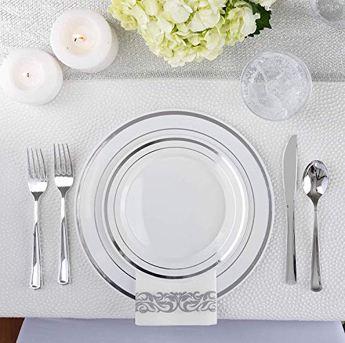 Stock Your Home Elegant 125 Piece Silver Rim Plastic Place Setting Set with Silverware - Solid, Disposable & Heavy-duty Includes: 25 Dinner Plates, 25 Dessert Plates, 25 Forks, 25 Knives, 25 Spoons