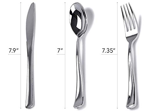 Stock Your Home Elegant 125 Piece Silver Rim Plastic Place Setting Set with Silverware - Solid, Disposable & Heavy-duty Includes: 25 Dinner Plates, 25 Dessert Plates, 25 Forks, 25 Knives, 25 Spoons
