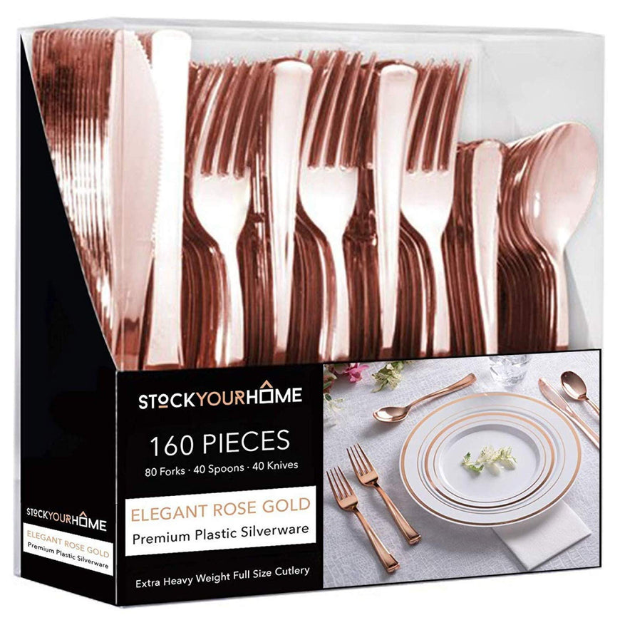 Plastic Cutlery Heavy Duty - 160 Piece Rose Gold Plastic Silverware - Rose Gold Plastic Utensils - Pink Plastic Cutlery â€“ 80 Plastic Forks, 40 Plastic Spoons, 40 Plastic Knives