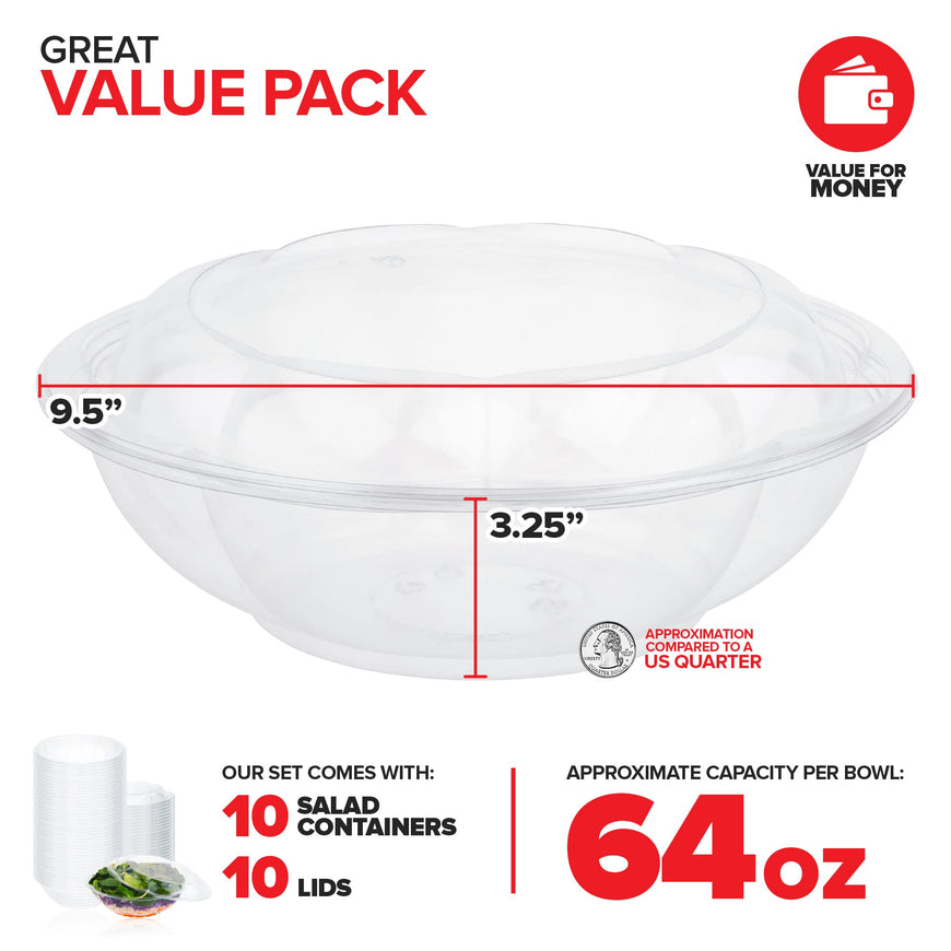 Stock Your Home Plastic Salad Bowls with Lids, 10 Count, 64 oz