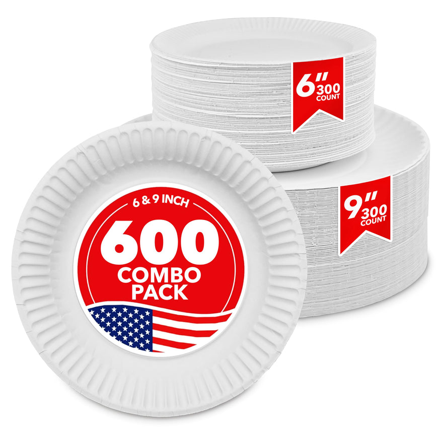 Stock Your Home (600 Pcs 6 Inch + 9 Inch Paper Plates Uncoated Combo Pack, 300-Count Each, for Everyday Use, 9