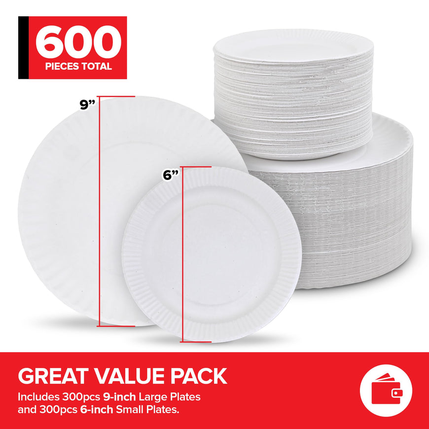 Stock Your Home (600 Pcs 6 Inch + 9 Inch Paper Plates Uncoated Combo Pack, 300-Count Each, for Everyday Use, 9