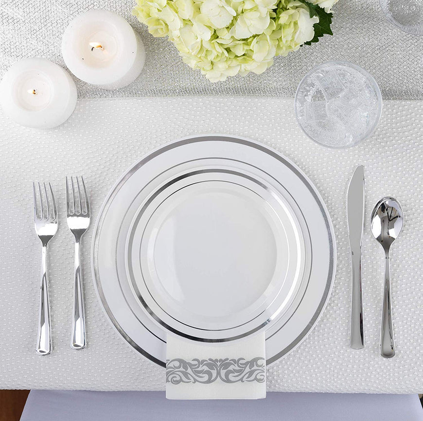 Stock Your Home Elegant 125 Piece Silver Rim Plastic Place Setting Set with Silverware - Solid, Disposable & Heavy-duty Includes: 25 Dinner Plates, 25 Dessert Plates, 25 Forks, 25 Knives, 25 Spoons