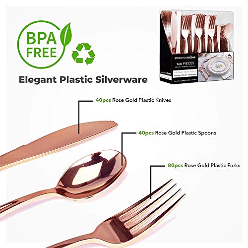 Plastic Cutlery Heavy Duty - 160 Piece Rose Gold Plastic Silverware - Rose Gold Plastic Utensils - Pink Plastic Cutlery â€“ 80 Plastic Forks, 40 Plastic Spoons, 40 Plastic Knives