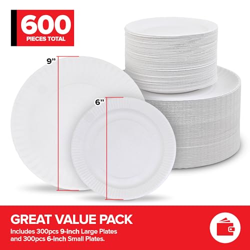 Stock Your Home (600 Pcs 6 Inch + 9 Inch Paper Plates Uncoated Combo Pack, 300-Count Each, for Everyday Use, 9