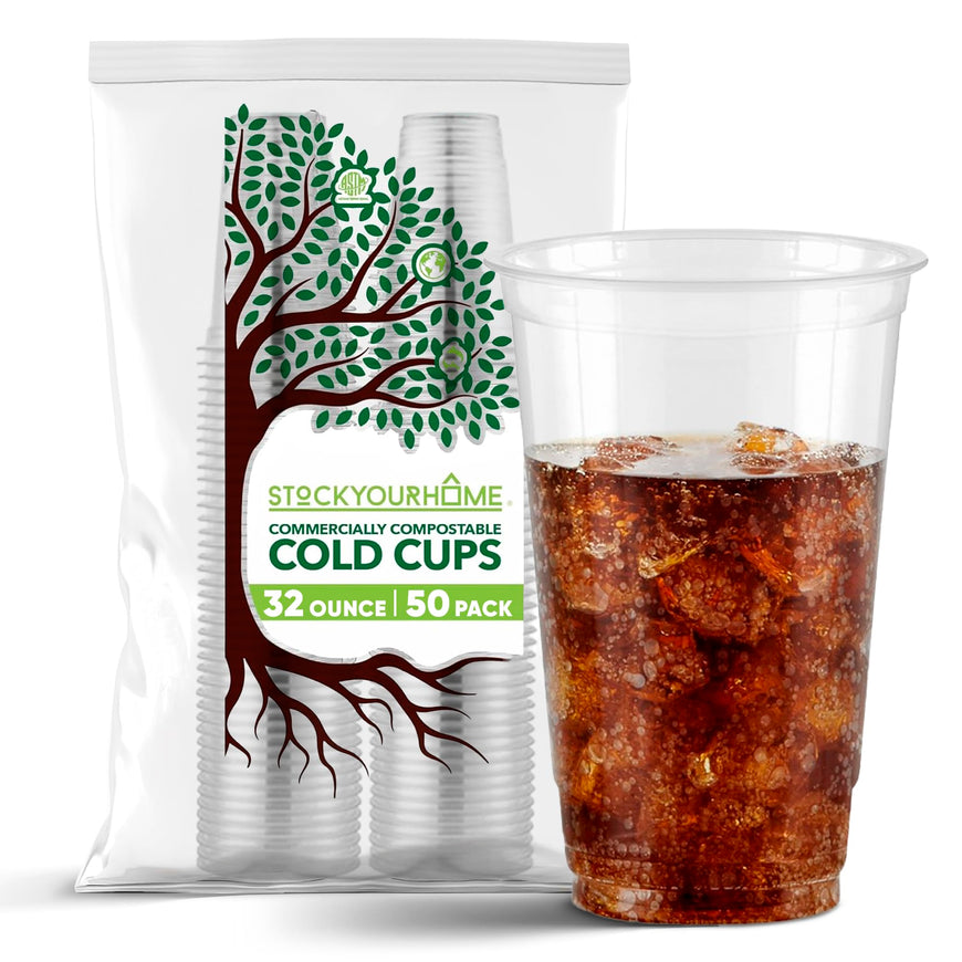 Stock Your Home 32 oz Clear Commercially Compostable Cold Cups Plant Based Eco Party Cup, Environmentally Friendly Recyclable Disposable Sustainable for Water, Wine & Beer Sample (50 Pack)