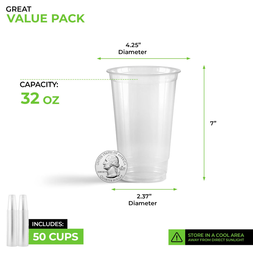 Stock Your Home 32 oz Clear Commercially Compostable Cold Cups Plant Based Eco Party Cup, Environmentally Friendly Recyclable Disposable Sustainable for Water, Wine & Beer Sample (50 Pack)