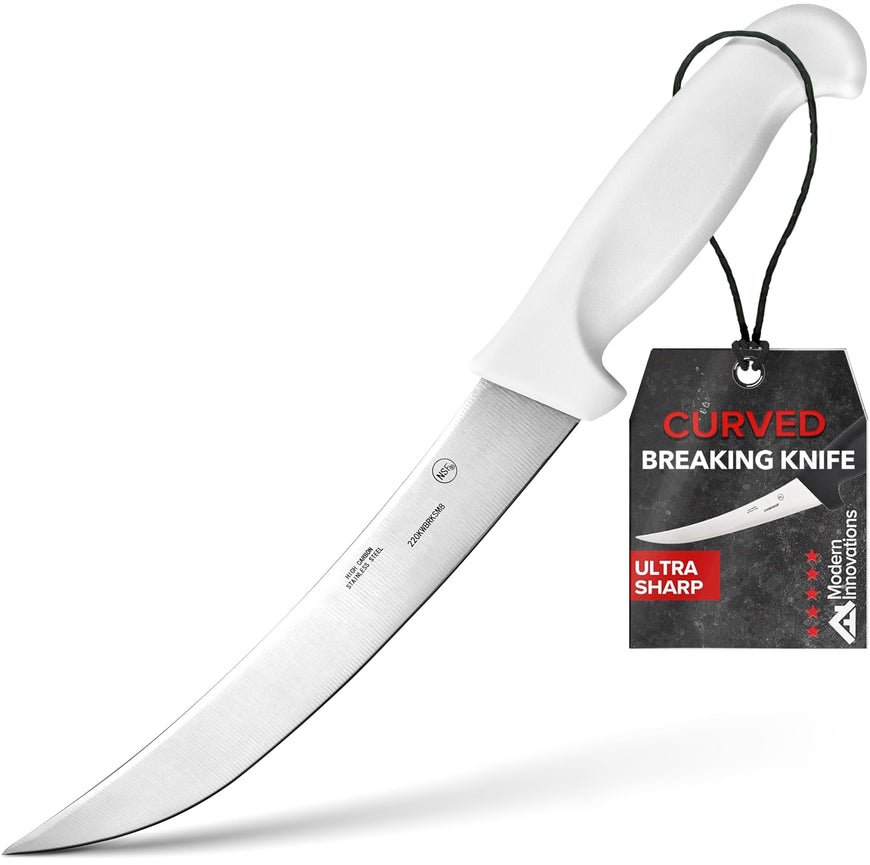 Modern Innovations 8 Inch Breaking Knife, Ultimate Culinary butcher knife, White Plastic & Stainless Steel Curved Breaking Knife for Meat Cutting, Deboning & Filleting with Ultra-Sharp Stiff Blade