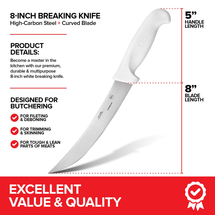 Modern Innovations 8 Inch Breaking Knife, Ultimate Culinary butcher knife, White Plastic & Stainless Steel Curved Breaking Knife for Meat Cutting, Deboning & Filleting with Ultra-Sharp Stiff Blade