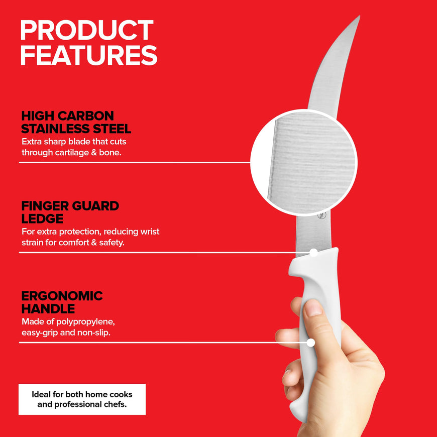 Modern Innovations 8 Inch Breaking Knife, Ultimate Culinary butcher knife, White Plastic & Stainless Steel Curved Breaking Knife for Meat Cutting, Deboning & Filleting with Ultra-Sharp Stiff Blade