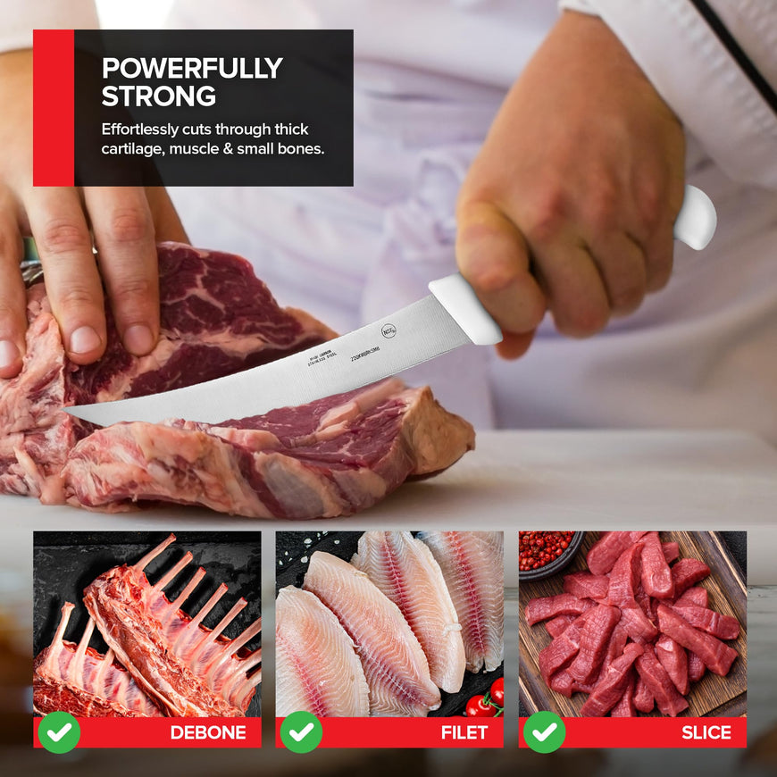 Modern Innovations 8 Inch Breaking Knife, Ultimate Culinary butcher knife, White Plastic & Stainless Steel Curved Breaking Knife for Meat Cutting, Deboning & Filleting with Ultra-Sharp Stiff Blade
