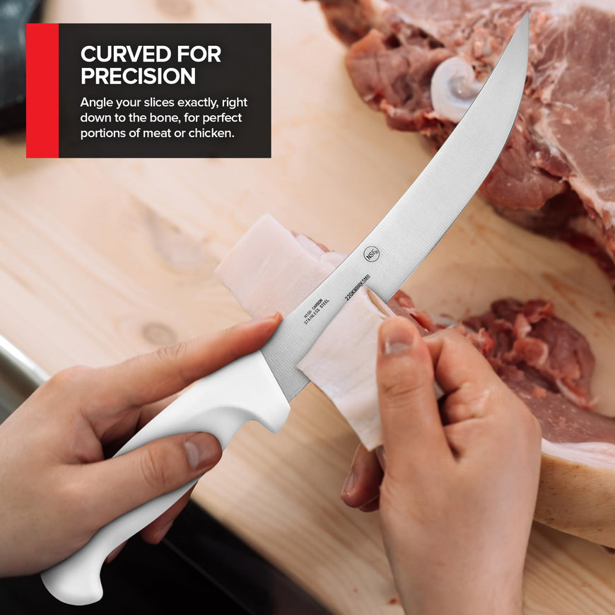 Modern Innovations 8 Inch Breaking Knife, Ultimate Culinary butcher knife, White Plastic & Stainless Steel Curved Breaking Knife for Meat Cutting, Deboning & Filleting with Ultra-Sharp Stiff Blade