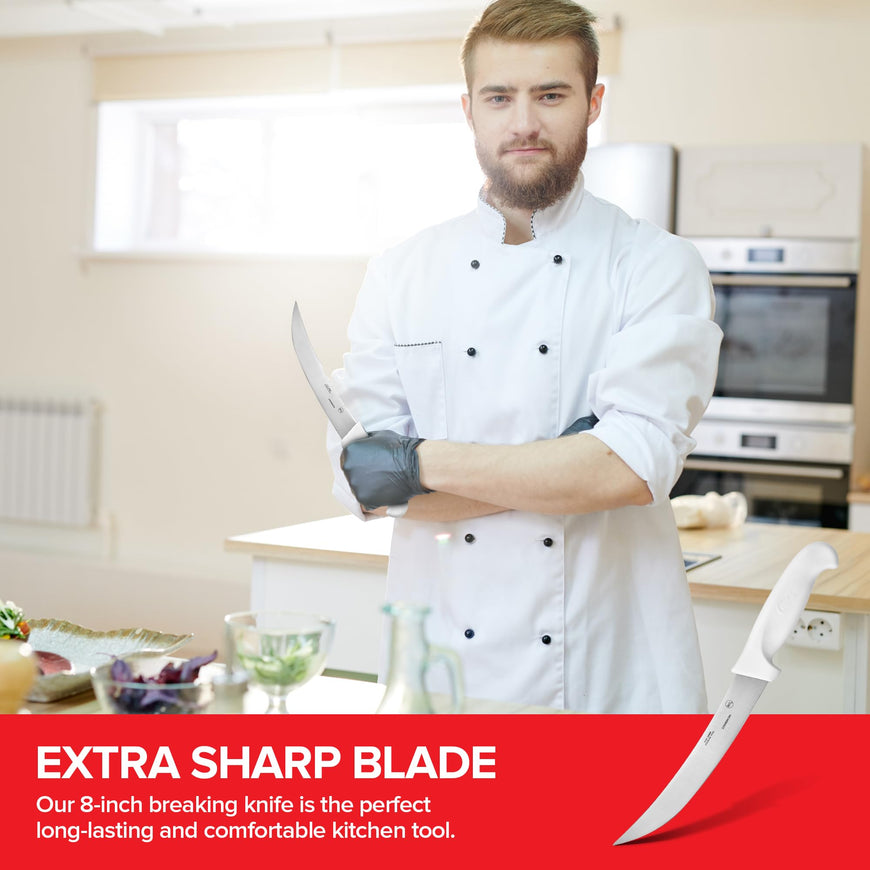 Modern Innovations 8 Inch Breaking Knife, Ultimate Culinary butcher knife, White Plastic & Stainless Steel Curved Breaking Knife for Meat Cutting, Deboning & Filleting with Ultra-Sharp Stiff Blade