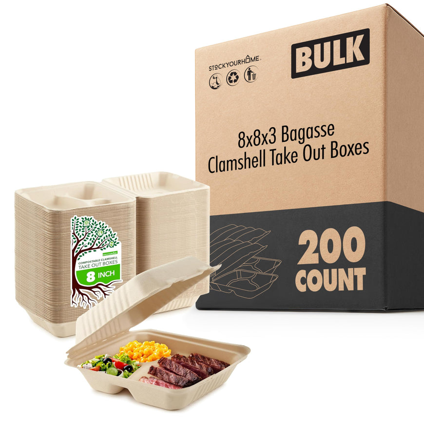 8x8x3 Bagasse Clamshell Take Out Boxes- 200 Pack