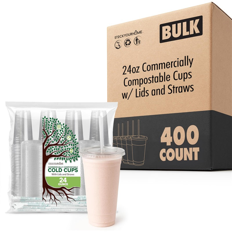 Stock Your Home 24 oz Clear Cold Cups with Lids and Straws Set of 400 Plastic Cups